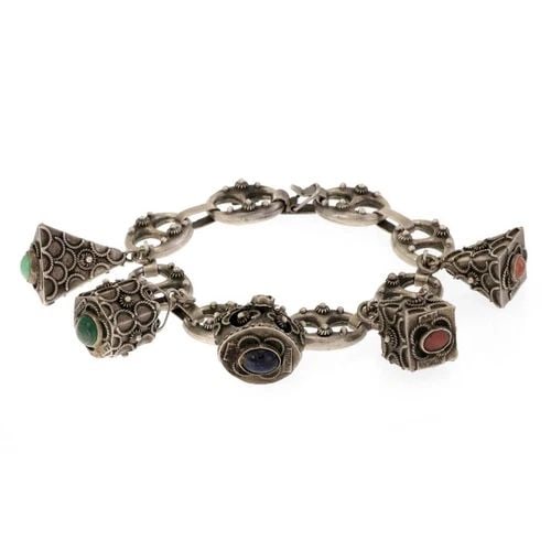 SIGNED S&F MULTICOLOR GEMS STERLING 5 CHARMS MARINER LINK BRACELET LIQUIDATION (1 of 2)