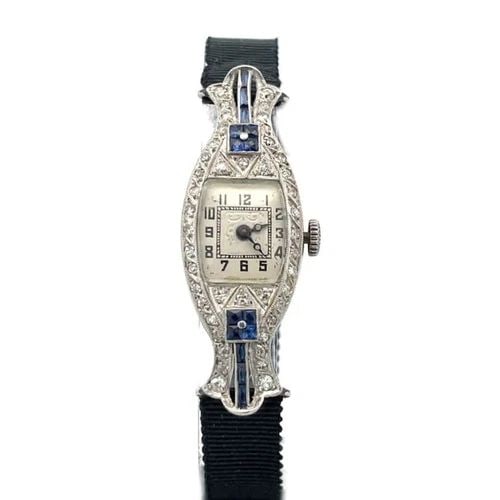 ART DECO DIAMOND PLATINUM HAND WIND ELONGATED LADIES WATCH (1 of 2)