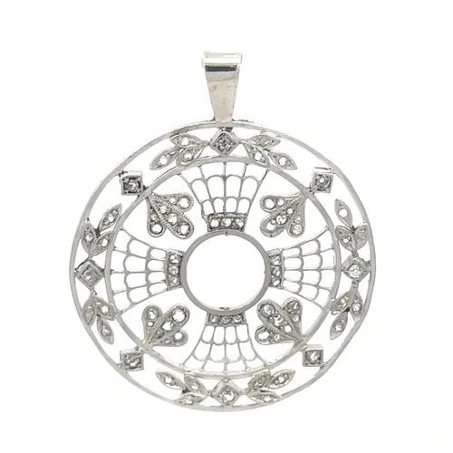 DIAMOND PLATINUM PENDANT FLORAL OPEN MEDALLION STYLE ART DECO: This gorgeous Art Deco platinum pendant features a 35mm diameter open medallion style design with flowers and lattice work accented with natural rose cut diamonds bordered with milgrain design. The pe
