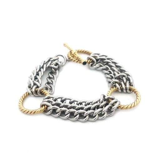 GOLD CHAIN & RING BRACELET 14K TWO TONE TOGGLE CLASP: This lovely bracelet is crafted from 14k yellow and white gold; it features alternating yellow gold cable ring rings with 3 rows short white gold curb link chain which secure with a yellow gold toggle