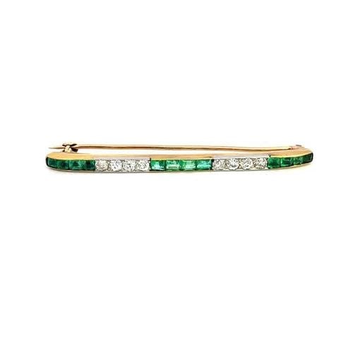 ART DECO TIE PIN DIAMOND EMERALD 14K YELLOW GOLD PLATINUM BROOCH (1 of 2)