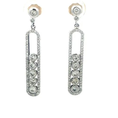 DIAMOND GOLD DANGLE EARRINGS 18K WHITE LONG BAR BEZEL SET MOVING DIAMONDS: DIAMOND GOLD DANGLE EARRINGS 18K WHITE LONG BAR BEZEL SET MOVING DIAMONDS These elegant dangle earrings are crafted from 18k white gold with 14k gold backs, the pair features a bezel set stud top with