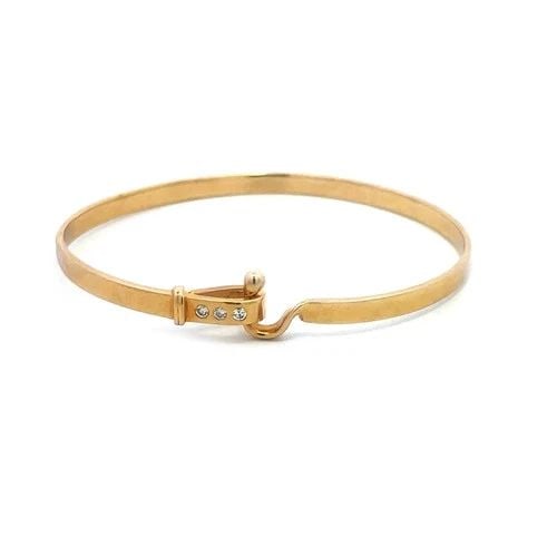 DIAMOND GOLD HOOK & EYE BRACELET 14K YELLOW 4MM WIDE BANGLE: DIAMOND GOLD HOOK & EYE BRACELET 14K YELLOW 4MM WIDE BANGLE The chic fashionable bracelet is a lovely piece of fine jewelry crafted from 14k yellow gold. Featuring a hook and eye style front accented 