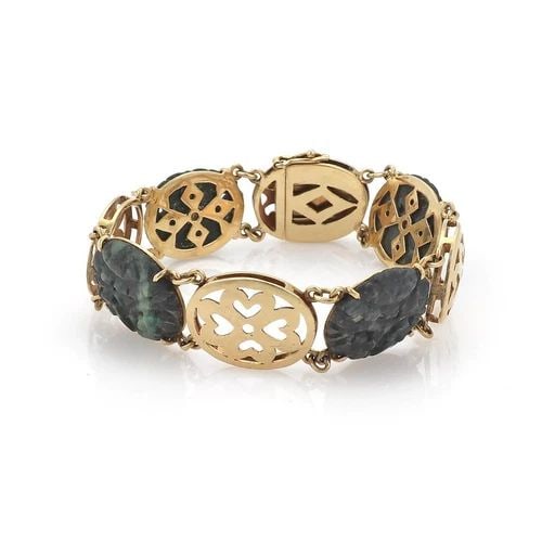 CARVED JADE FLORAL LINK BRACELET 14K YELLOW GOLD (1 of 2)