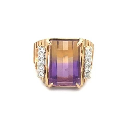 DIAMOND AMETRINE 14K RING TWO TONE GOLD OPEN SHANK: DIAMOND AMETRINE 14K RING TWO TONE GOLD OPEN SHANK This beautiful large rectangle top ring is crafted from 14k yellow gold with white gold accent, the top center has a rectangle cut ametrine gemstone 