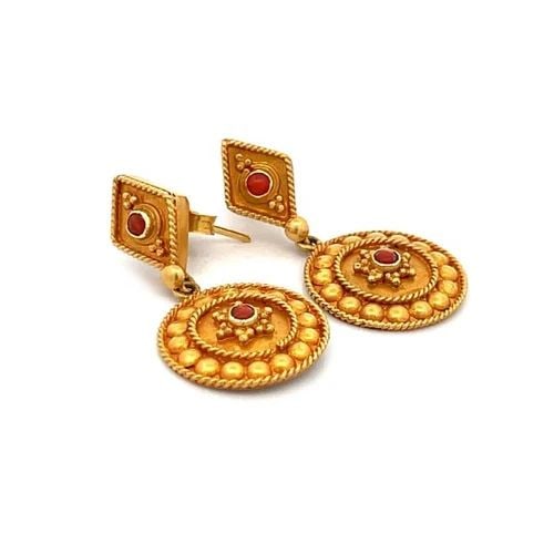 VICTORIAN ETRUSCAN 18K GOLD EARRINGS CORAL RHOMBUS ROUND DROP DANGLE (1 of 2)