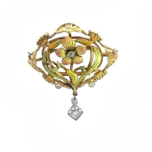 ART NOUVEAU FLORAL PENDANT DIAMOND ENAMEL 14K TWO TONE GOLD (1 of 2)