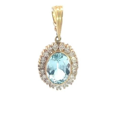 GOLD PENDANT 14K AQUAMARINE DIAMOND YELLOW HALO OVAL SHAPE (1 of 2)