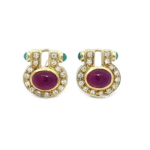 DIAMOND GOLD RUBY EARRINGS 18K YELLOW FANCY POST CLIP STYLE (1 of 2)