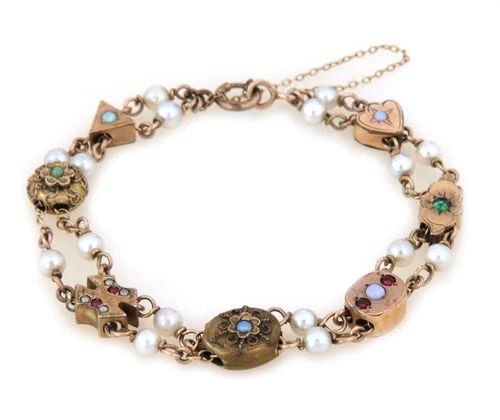 VICTORIAN BRACELET MULTICOLOR GEMS PEARLS 10K YELLOW GOLD 7 SLIDE CHARMS (1 of 2)