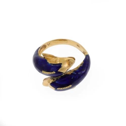 VINTAGE GREECE 18K YELLOW GOLD ENAMEL 2 DOLPHINS BYPASS RING - LIQUIDATION! (1 of 2)
