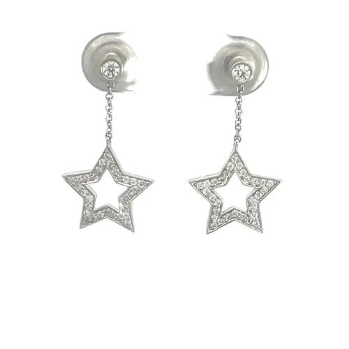 TIFFANY & CO. DIAMOND EARRINGS PLATINUM PAVE SET STAR DANGLE STYLE: TIFFANY & CO. DIAMOND EARRINGS PLATINUM PAVE SET STAR DANGLE STYLE The product is a pair of Tiffany & Co. diamond earrings in a platinum with diamond pave set stars in dangle style. The earrings featu