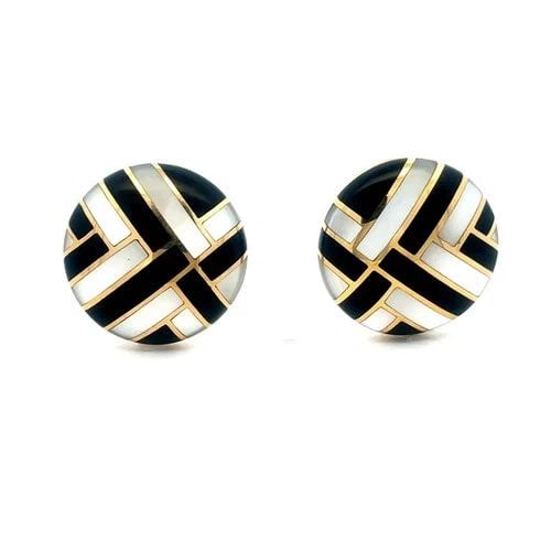 GOLD & GEMS POST CLIP EARRINGS INLAY STRIPS DESIGN 14K YELLOW ROUND SHAPE (1 of 2)