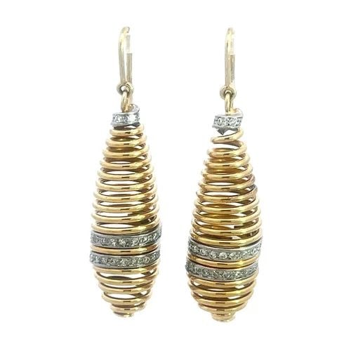 DIAMOND GOLD SPINDLE EARRINGS 14K YELLOW LONG DANGLE STYLE: These beautiful Spindle earrings feature a pair of unique cone shape set in dangle style with a long hook/ear wire closure. Made of 14k yellow and white gold, a row at the top and center part of the e