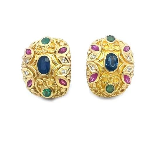 DIAMOND GOLD EARRINGS 18K YELLOW MULTICOLOR GEMS CLIP ON HUGGIE STYLE (1 of 2)