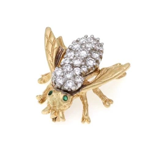 VINTAGE 1.00CT DIAMOND EMERALD 14K TWO TONE GOLD BEE PIN LIQUIDATION (1 of 2)