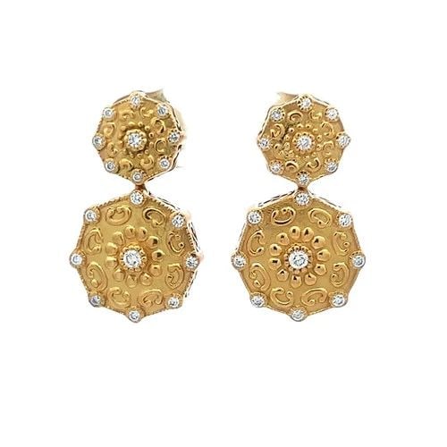 CHARRIOL CELTIQUE GOLD EARRINGS DIAMOND 18K YELLOW 2 TIER MEDALLION STYLE: CHARRIOL CELTIQUE GOLD EARRINGS DIAMOND 18K YELLOW 2 TIER MEDALLION STYLE These gorgeous earrings are by Charriol from the Celtique Collection, they are a luxurious and stylish piece of fine jewelry. 