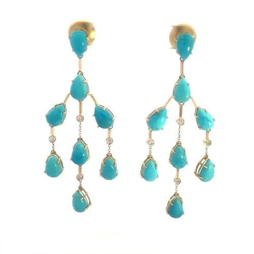 TURQUOISE GOLD CHANDELIER EARRINGS DIAMOND 18K YELLOW DANGLE STYLE: TURQUOISE GOLD CHANDELIER EARRINGS DIAMOND 18K YELLOW DANGLE STYLE The product is a pair of vintage 18k yellow gold chandelier earrings featuring prong set pear shape turquoise gemstones in a dangling