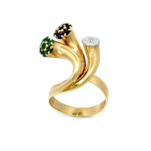 TOLIRO ITALY GOLD RING DIAMOND & GEMS 3 FANCY CURVED STEM FLORAL STYLE: TOLIRO ITALY GOLD RING DIAMOND & GEMS 3 FANCY CURVED STEM FLORAL STYLE The Toliro Italy Gold Ring is a fine piece featuring a unique style with 3 tube like curved stems set upward from the base, each 