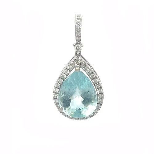 GOLD PENDANT 18K AQUAMARINE DIAMOND WHITE GOLD PEAR SHAPE: GOLD PENDANT 18K AQUAMARINE DIAMOND WHITE GOLD PEAR SHAPE This is an elegant 18k white gold pendant, it diamonds on the front of the oval bail, and dangling below is a beautiful pear shape briolette c