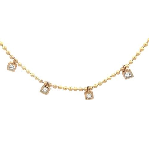DIAMOND GOLD CHARMS NECKLACE BEADED 14K YELLOW PRINCESS CUT BEZEL SET: This beautiful beaded chain is crafted from 14k yellow gold and has 4 dangling square shape 12k yellow gold charms, each with a bezel set princess cut diamonds. The necklace has a lobster closure and 