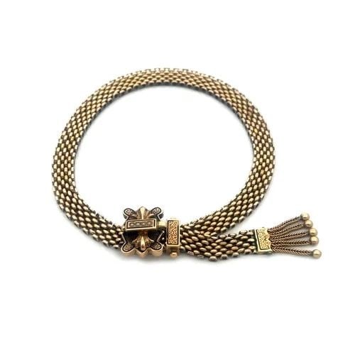 VICTORIAN GOLD MESH BRACELET SEED PEARLS 13-14K BELT TASSEL CLASP: VICTORIAN GOLD MESH BRACELET SEED PEARLS 13-14K BELT TASSEL CLASP This is a Victorian gold bracelet, it features a tassel belt with butterfly clasp, this is a lovely piece of antique jewelry from the 