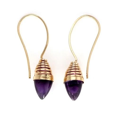 14K AMETHYST HOOK EARRINGS YELLOW GOLD CONE SHAPE: 14K AMETHYST HOOK EARRINGS YELLOW GOLD CONE SHAPE Vintage 14k Yellow Gold Amethyst Fancy Hook Dangle Earrings Description This vintage pair of earrings are crafted from 14k yellow gold featuring a gol