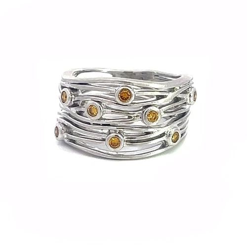 FANCY YELLOW DIAMOND GOLD RING 18K WHITE WIRE WAVE WIDE BAND: FANCY YELLOW DIAMOND GOLD RING 18K WHITE WIRE WAVE WIDE BAND This beautiful open style wire band is crafted from 18k white gold featuring fine multi wires in a wave design, the front half of the band 