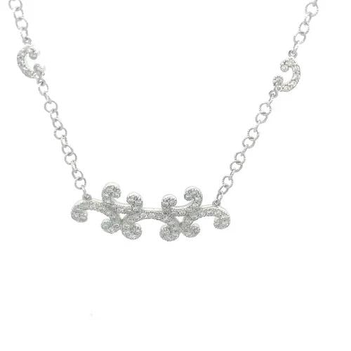 DIAMOND GOLD NECKLACE 18K WHITE FANCY SCROLL PENDANT TOGGLE CLASP: DIAMOND GOLD NECKLACE 18K WHITE FANCY SCROLL PENDANT TOGGLE CLASP This beautiful necklace has milgrain textured round link chain with diamond "C" accent, the chain is attached to a double scroll east 