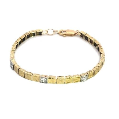 ART DECO GOLD DIAMOND BRACELET 14K YELLOW SQAURE LINK FLORAL: This Art Deco Gold Diamond Bracelet features a stunning design with a square link floral motif, showcasing 3 natural white round diamonds set in 14k yellow gold. The bracelet has a lobster closure and