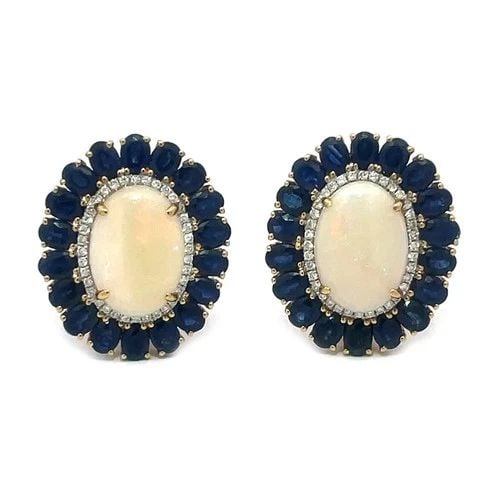 OPAL DIAMOND GOLD EARRINGS 18K YELLOW OVAL GEMS POST CLIP: OPAL DIAMOND GOLD EARRINGS 18K YELLOW OVAL GEMS POST CLIP This is a stunning pair of oval shaped earrings; they are crafted in 18k yellow gold, they are beautiful vintage jewelry made with 18k yellow 