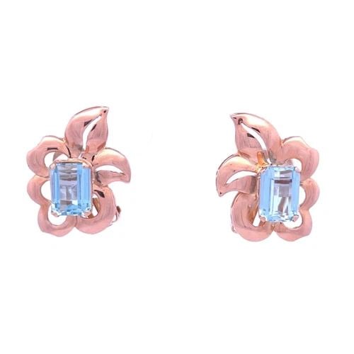 RETRO 4CT AQUAMARINE 14K ROSE GOLD FLOWER CLIP ON EARRINGS LIQUIDATION: RETRO 4CT AQUAMARINE 14K ROSE GOLD FLOWER CLIP ON EARRINGS This lovely pair of Retro Era earrings are crafted from 14k rose gold with a polished finish featuring a floral frame with pointed curved sha