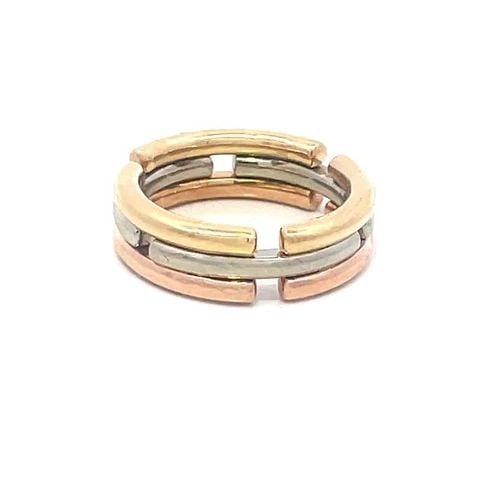 BVLGARI COLLAPSIBLE GOLD RING 18K TRI-COLOR 3-ROW: BVLGARI COLLAPSIBLE GOLD RING 18K TRI-COLOR 3-ROW From the Collapsible Collection by Bulgari, this 3-row band ring is crafted from 18k yellow, rose and white gold is in polished finish and each band i