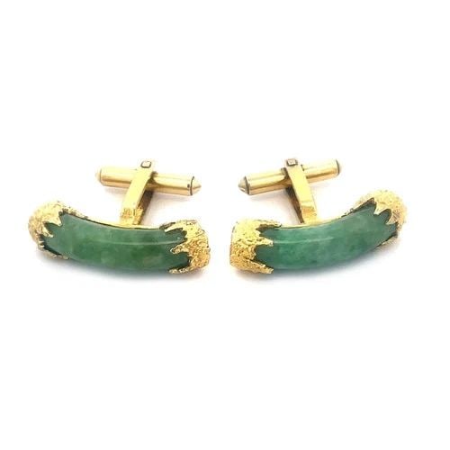 GOLD JADE CURVED BAR CUFFLINKS 12K YELLOW PRONG CAPS TEXTURED FINISH (1 of 2)