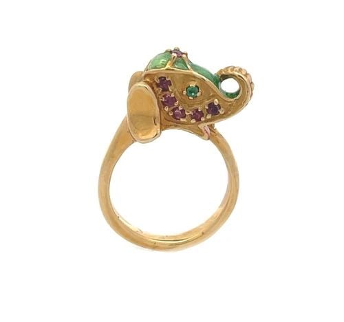 ELEPHANT GOLD RING 14K YELLOW ENAMEL BYPASS SIZE 11: ELEPHANT GOLD RING 14K YELLOW ENAMEL BYPASS SIZE 11 This is an adorable vintage bypass style ring, it is crafted from 14k yellow gold featuring a 3.5mm band with an elephant head at the top of the rin