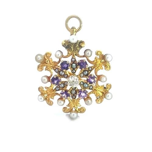 7063 VICTORIAN GOLD SNOWFLAKE PENDANT/PIN DIAMOND 14K YELLOW PEARLS & GEMS (1 of 2)