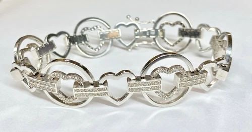 14K WHITE GOLD HEART BRACELET WITH 2.27CTS NATURAL DIAMONDS (8 INCH ) 31.2 GRAM (1 of 1)