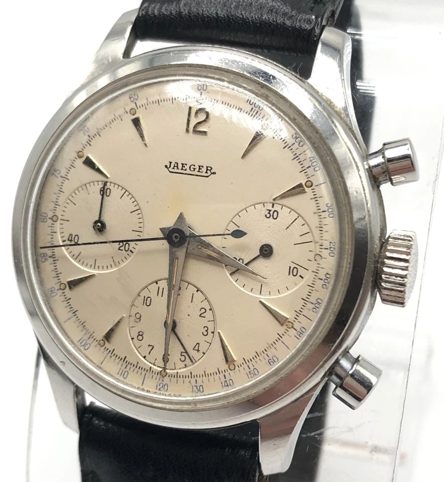 JAEGER VINTAGE CHRONOGRAPH STEEL CASE WATCH WITH BLACK BAND MODEL: 2638 35MM (1 of 1)