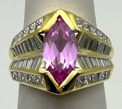 18K YELLOW GOLD RING, DIAMOND, LAB-CREATED PINK SAPPHIRE (SIZE 4.5) 13.6 GRAMS (1 of 1)
