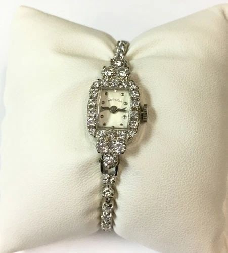 VINTAGE WOMAN'S HAMILTON 14K WHITE GOLD WATCH WITH 1.85CTS DIAMONDS 16.3 GRAM: VINTAGE WOMAN'S HAMILTON 14K WHITE GOLD WATCH WITH DIAMONDS Vintage Woman's Hamilton 14k White Gold Watch with Diamonds You are bidding on a pre-owned Vintage Woman's Hamilton 14k White Gold Watch wit