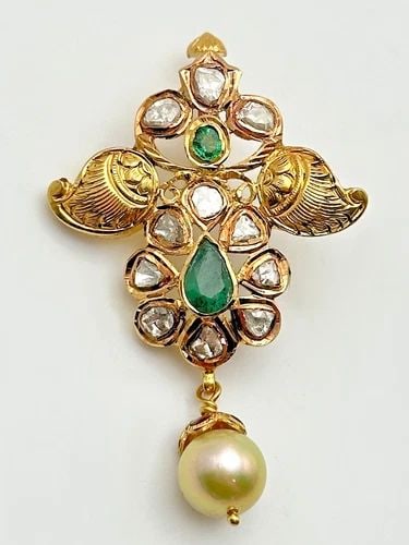 22K GOLD HAND MADE PENDANT WITH DIAMONDS, EMERALDS, AND PEARL (9.4 GRAMS) (1 of 1)