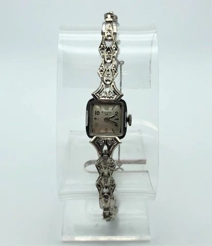 14K SOLID WHITE GOLD VINTAGE WOMAN'S BULOVA WATCH WITH DIAMONDS 23J MOVEMENT (1 of 1)