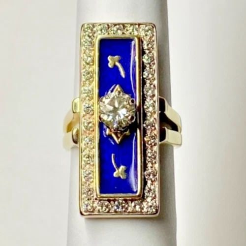 14K YELLOW GOLD RING, 1.05CTS DIAMONDS, BLUE ENAMELING (SIZE 5.75) 15.1 GRAM: WOMEN'S 14K YELLOW GOLD RING WITH 1.05CT DIAMONDS BLUE ENAMEL (SIZE 5.75) HEAVY Women's 14k Yellow Gold Ring with 1.05ct Diamonds and Blue Enamel (Size 5.75) You are bidding on a pre-owned Women's 14k