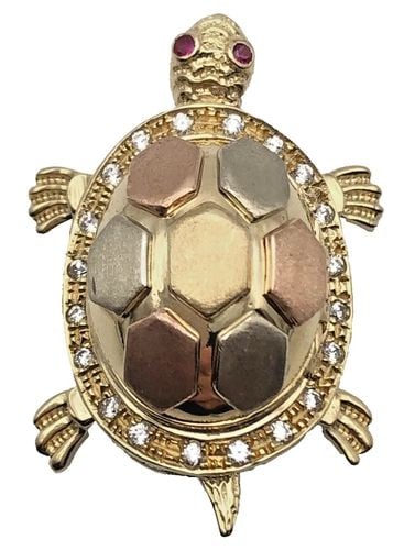 14K GOLD MOVING TURTLE PENDANT WITH CUBIC ZIRCONIA AND RUBIES ( 12.6 GRAMS ) (1 of 1)