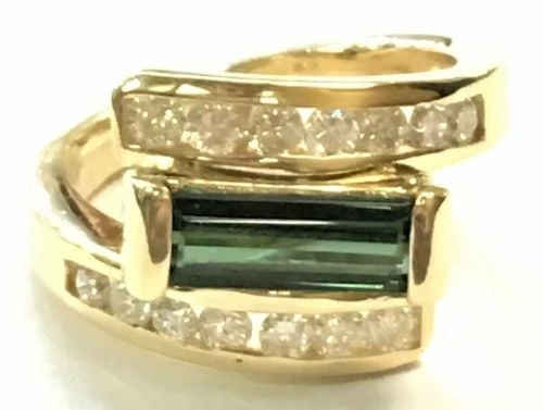 18K YELLOW GOLD RING WITH GREEN TOURMALINE AND 0.50CTS DIAMONDS (SIZE: 6) 8.7G (1 of 1)