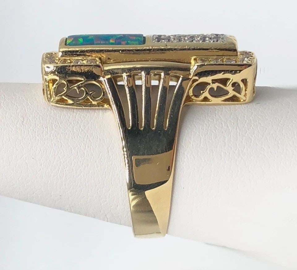 14K GOLD RECTANGLE RING, SYNTHETIC OPALS, 0.58CTS DIAMONDS ( SIZE: 9.25 ) 12.9G (1 of 2)