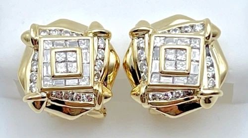 14K GOLD SQUARE ROSE HEAD STYLE OMEGA BACK EARRINGS, 1.25CTS DIAMONDS ( 8.5G ): 14K YELLOW GOLD SQUARE ROSE HEAD STYLE OMEGA BACK EARRINGS WITH 1.25CTS DIAMONDS 14k Yellow Gold Square Rose Head style Omega Back Earrings with Diamonds You are bidding on a 14k Yellow Gold Square Ro
