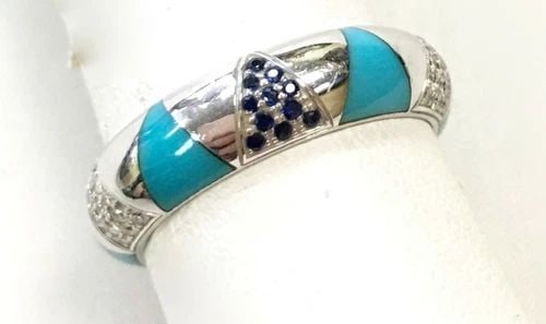 18K WHITE GOLD RING, DIAMONDS, SAPPHIRES, TURQUOISE INLAY ( SIZE: 8 ) 8.8G (1 of 1)