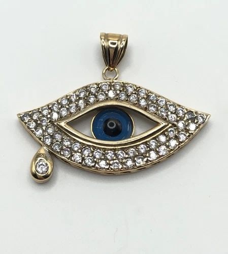 18K YELLOW GOLD EVIL EYE PENDANT WITH CUBIC ZIRCONIA ( 10.7 GRAMS ): 18K GOLD EVIL EYE PENDANT WITH CUBIC ZIRCONIA 10.7G 18k Gold Evil Eye Pendant with Cubic Zirconia 10.7g You are bidding on a 18k Gold Evil Eye Pendant with Cubic Zirconia. The piece has been fully che