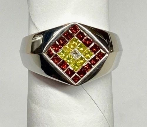 NEW 14K WHITE GOLD RING, 1.10CTW MULTI-COLORED DIAMONDS (SIZE 9.25) 8.2 GRAM: MEN'S 14K WHITE GOLD RING WITH 1.10CT WHITE/RED/CANARY YELLOW DIAMONDS SIZE 9.25 Men's 14k White Gold Ring with 1.10CT White/Red/Canary Yellow Diamonds Size 9.25 You are bidding on a new with tags Men